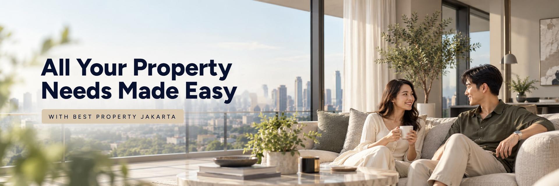All your property needs made easy with Best Property Jakarta: a couple relaxing in a bright apartment living room with a Jakarta city view