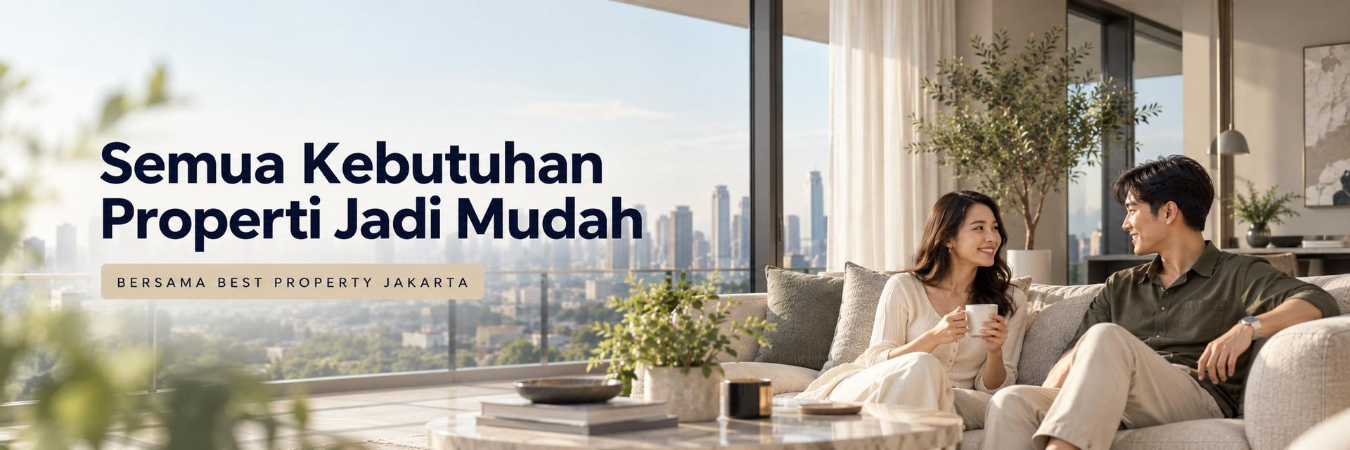 Semua kebutuhan properti jadi mudah bersama Best Property Jakarta: pasangan bersantai di ruang tamu apartemen yang terang dengan pemandangan kota Jakarta