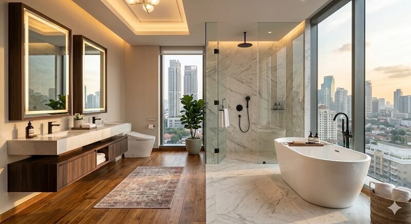 Inspirasi Desain Kamar Mandi Utama Mewah dengan Bathtub dan Shower Apartemen Casa Grande Residence