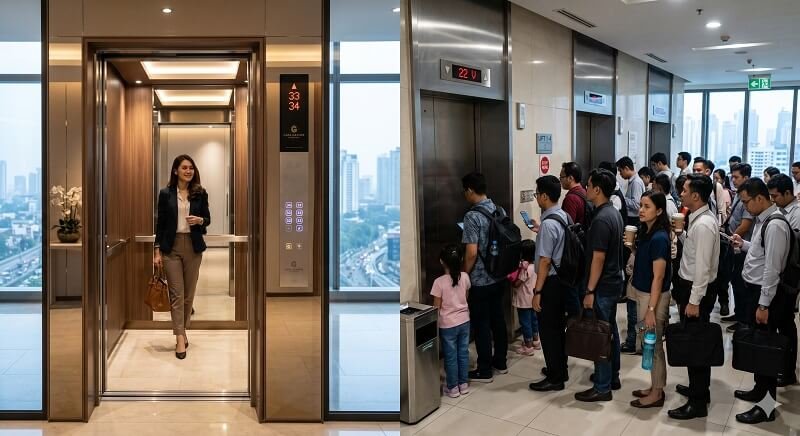 Komparasi Kecepatan Akses Lift Casa Grande Residence vs Apartemen High-Density