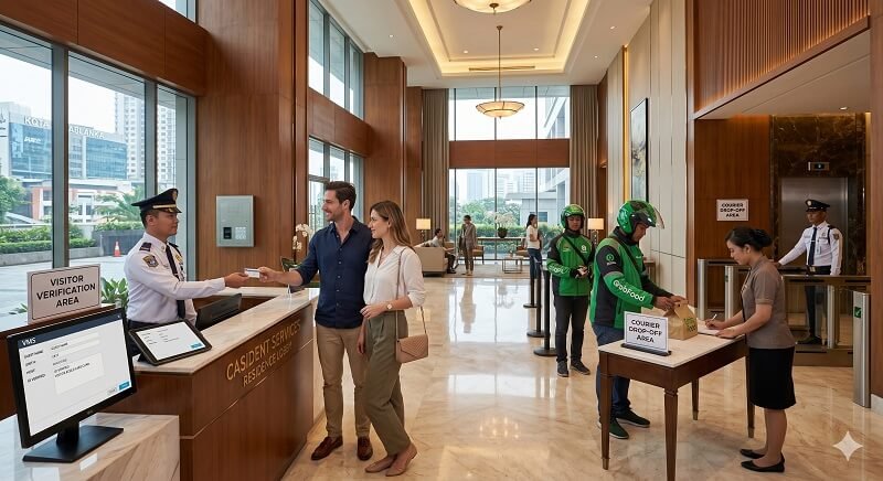 Prosedur Verifikasi Tamu dan Kurir di Lobi Utama Casa Grande Residence